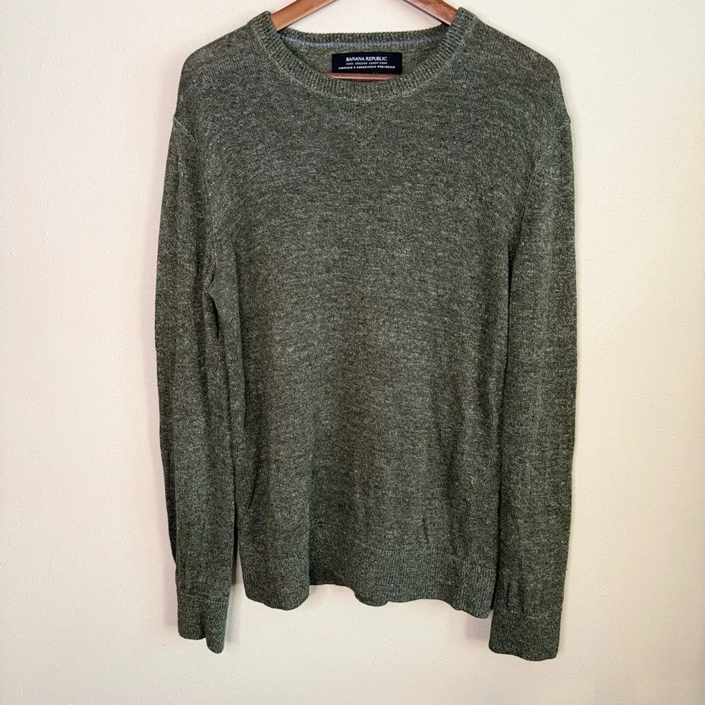 Banana Republic Italian Linen Sweater Mens L Tall Olive Green Lightweight Knit
